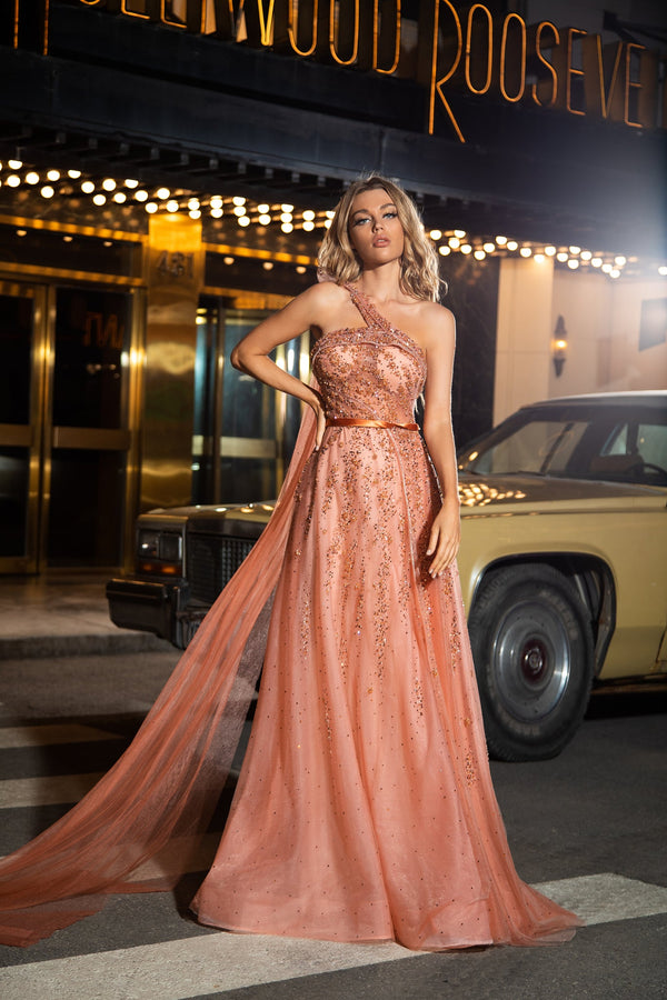 One-Shoulder Floor-Length Tulle Prom A Line Dress