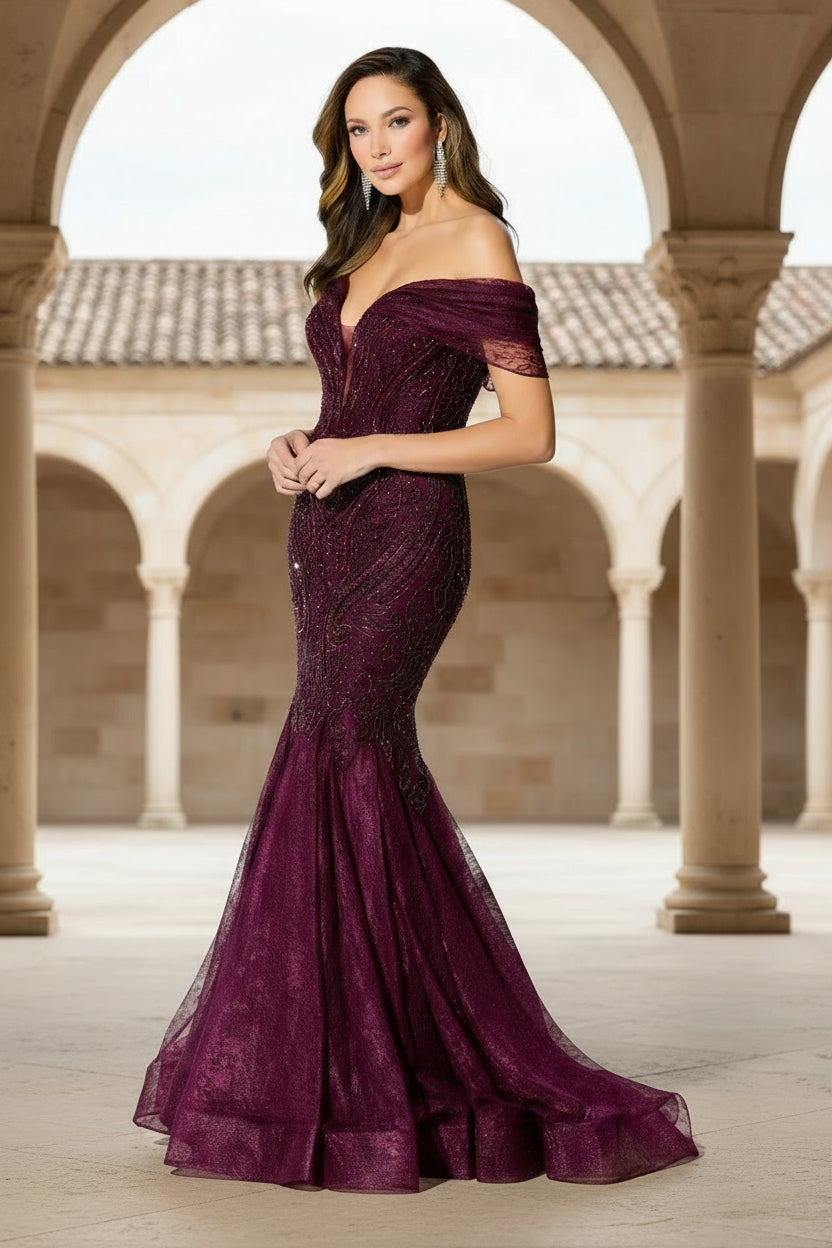 Formal Dresses Long Mermaid Beaded Lace Evening Dress Merlot