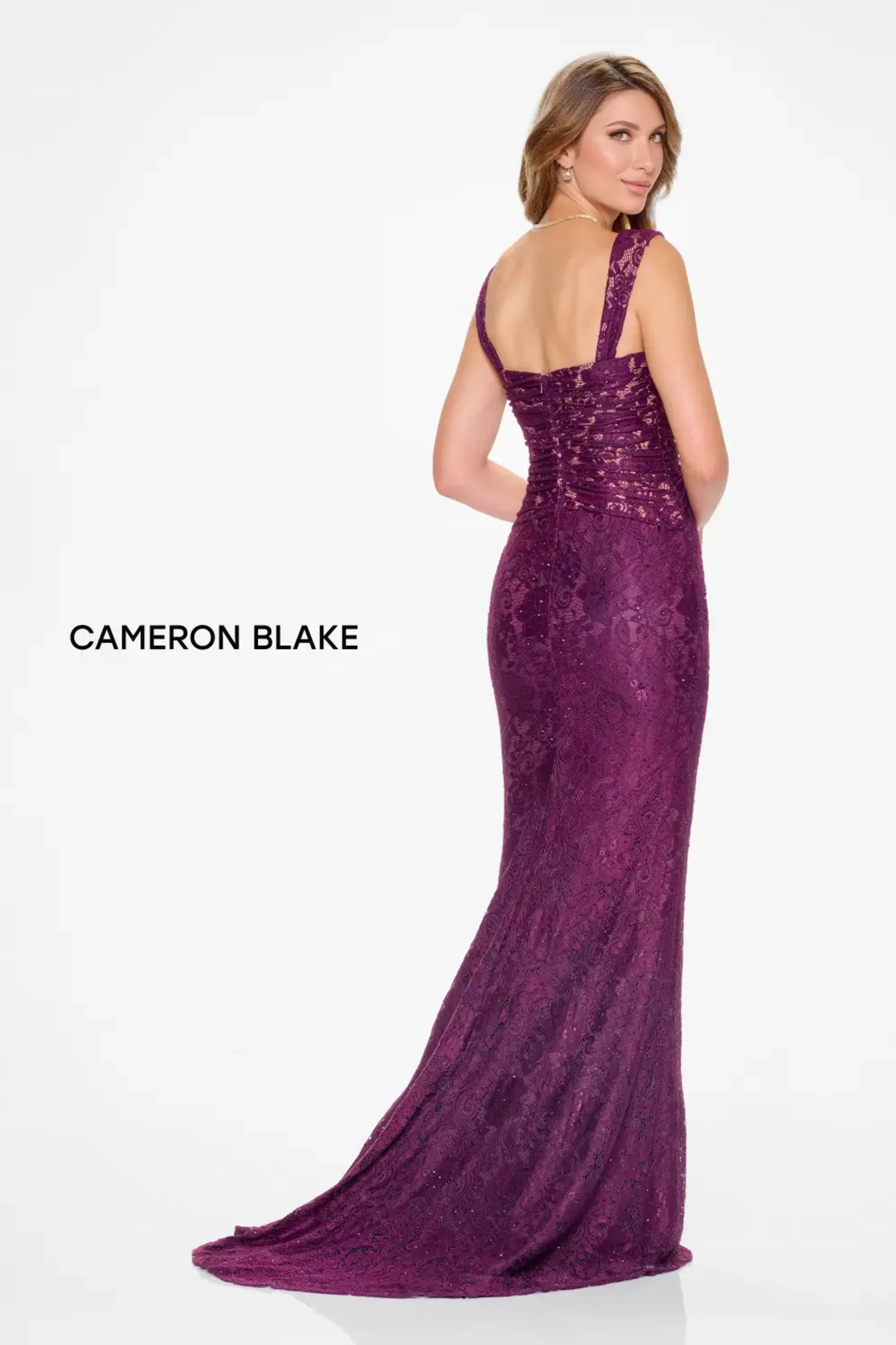 Cameron Blake CB210 Long Mermaid Pleated Formal Lace Evening Dress