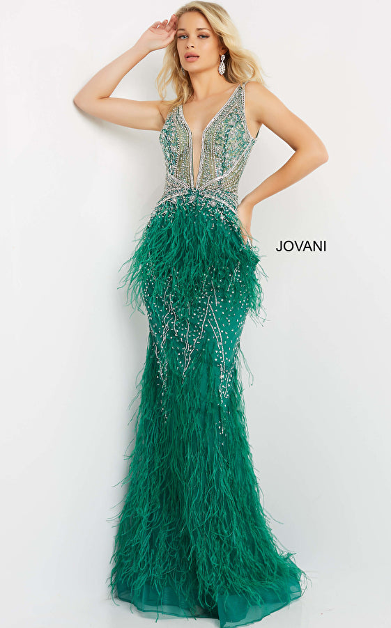 Jovani 03023 Fitted Long Formal Feather Mermaid Prom Dress