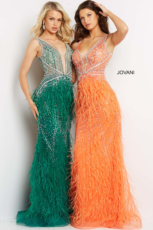 Jovani 03023 Fitted Long Formal Feather Mermaid Prom Dress