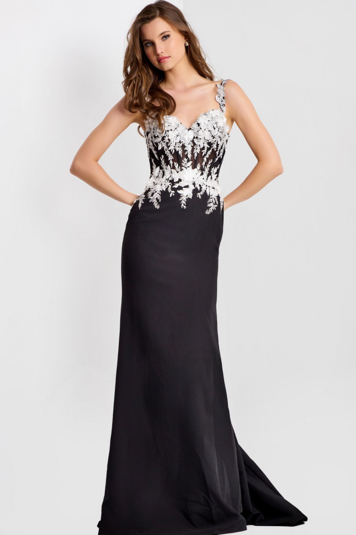 Prom Dresses Long Formal Floral Applique Prom Dress Black/White