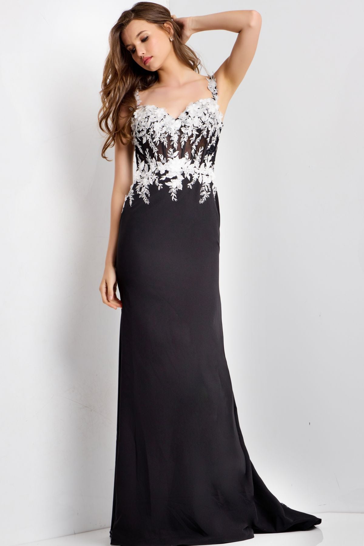 Prom Dresses Long Formal Floral Applique Prom Dress Black/White