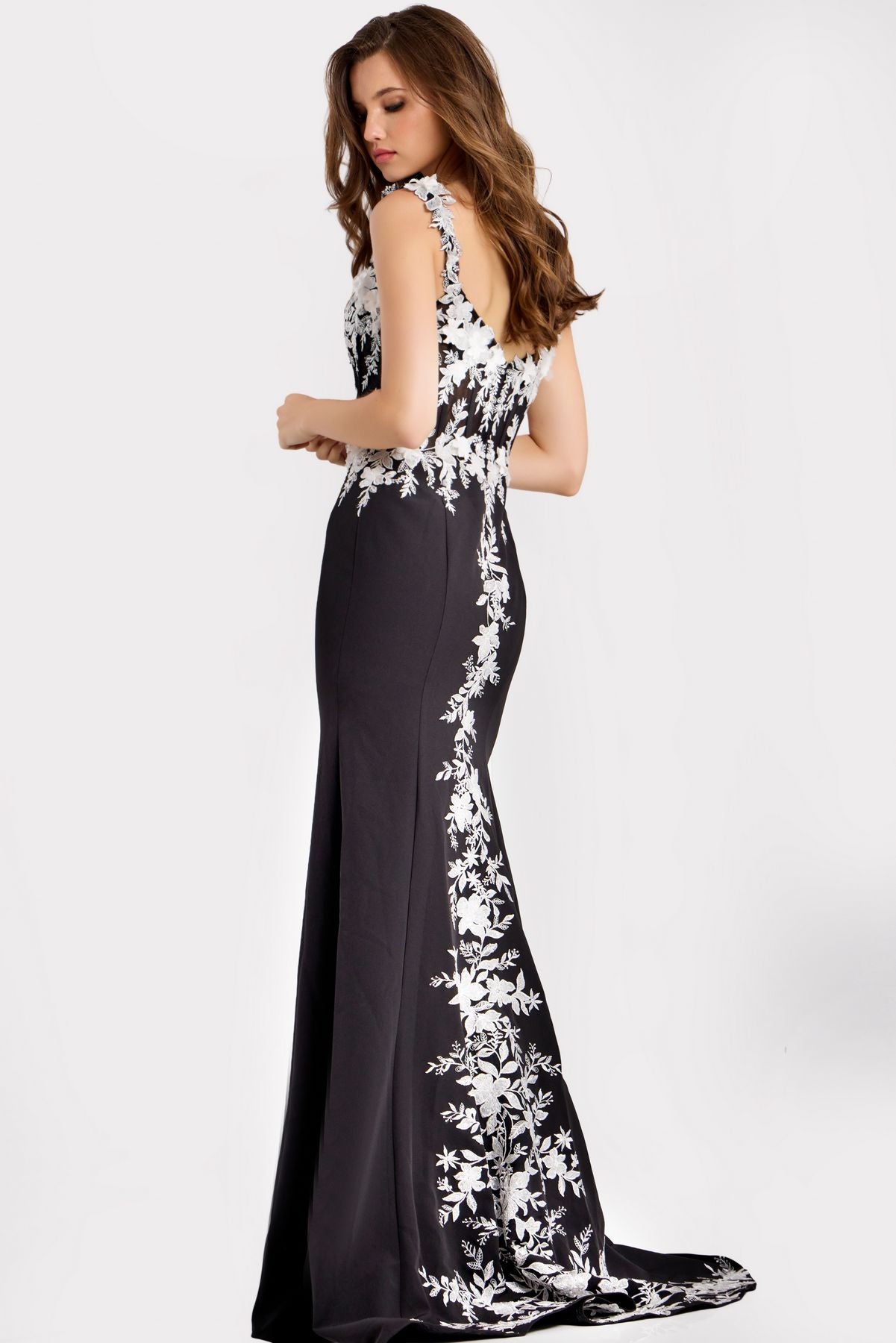Prom Dresses Long Formal Floral Applique Prom Dress Black/White