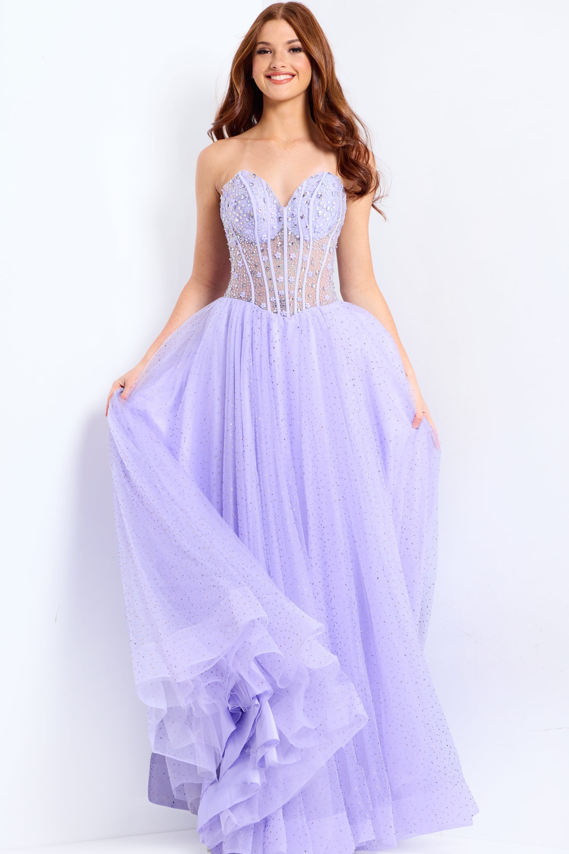 Lilac Strapless Ball Gown with Beaded Corset and Tulle Skirt Jovani 48309
