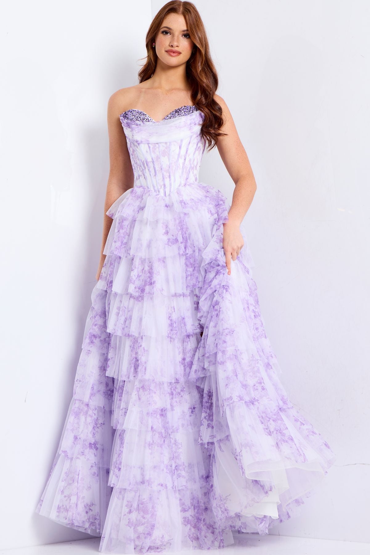 Prom Dresses Beaded Long Formal Ruffle Print A Line Prom Dress Lilac