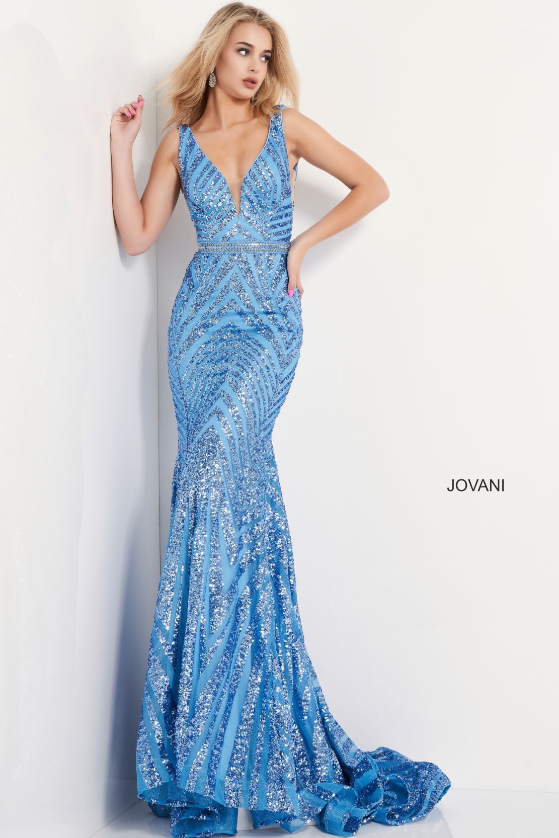 Pom Dresses Sequin Formal Long Mermaid Prom Dress Light-Blue
