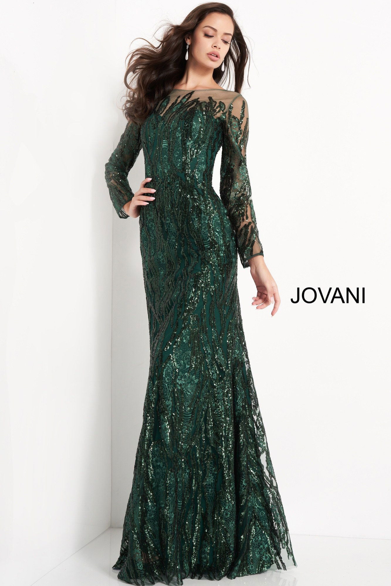 Mother of the Bride Dresses Sequin Long Formal Long Sleeve Mother of the Bride Dress Jovani 03936 Dark Green