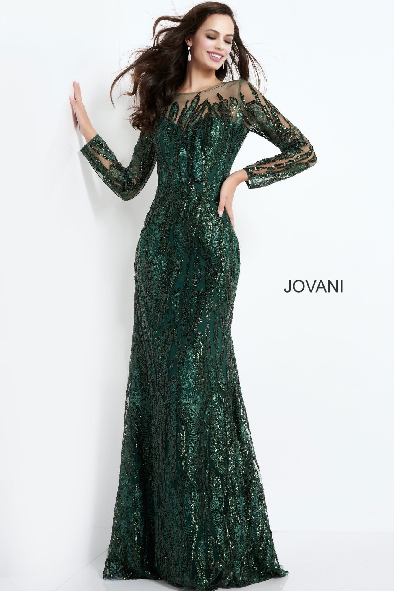 Mother of the Bride Dresses Sequin Long Formal Long Sleeve Mother of the Bride Dress Jovani 03936 Dark Green