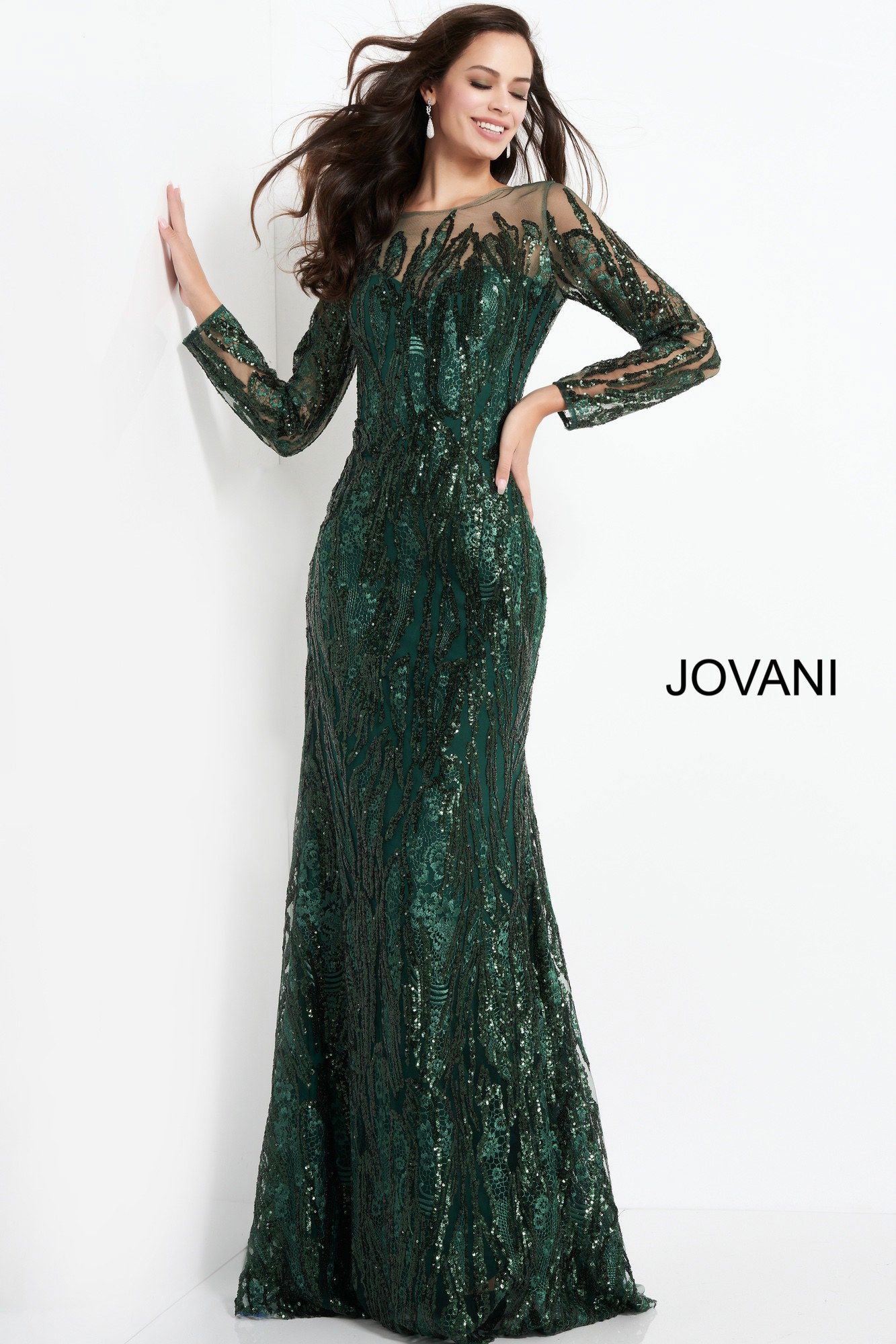 Mother of the Bride Dresses Sequin Long Formal Long Sleeve Mother of the Bride Dress Jovani 03936 Dark Green