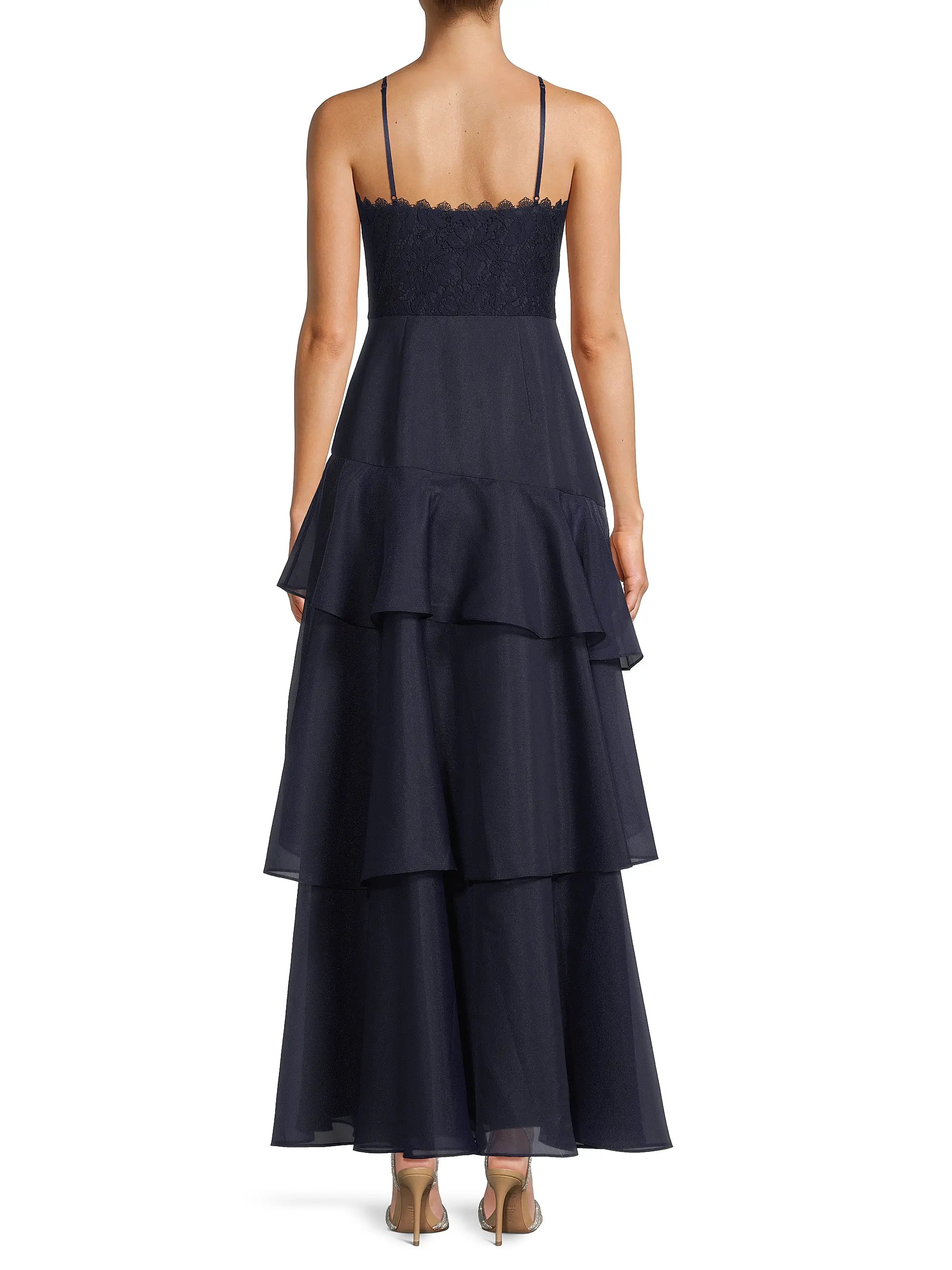 Navy Aidan Mattox MD1E209518 Halter Long Lace Tulle Prom Tiered Gown