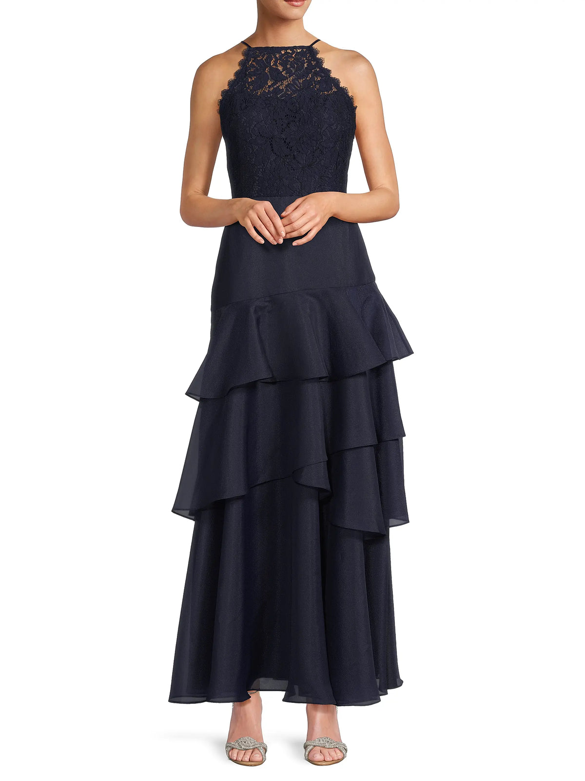 Navy Aidan Mattox MD1E209518 Halter Long Lace Tulle Prom Tiered Gown