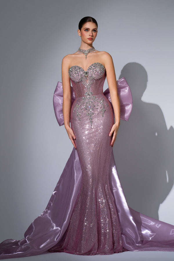 Strapless Curved Neck Floor-Length with Train Sequin Prom Mermaid Trumpet LD12064 Pre Order