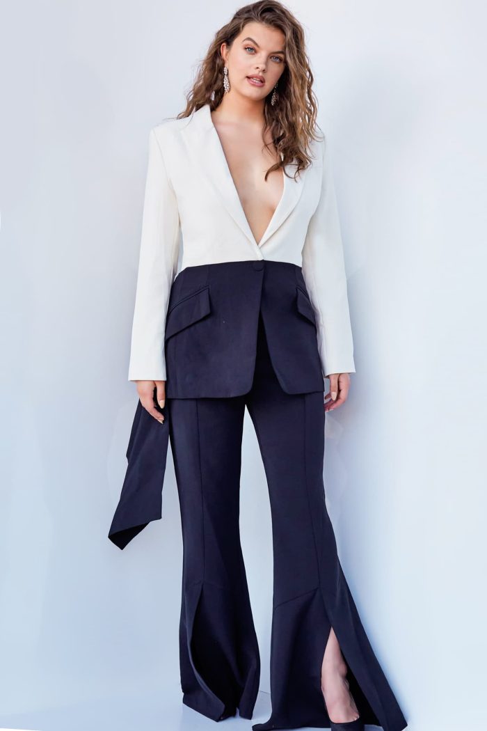 Pant Suit Long Two Piece Formal Pant Suit Ivory/Black