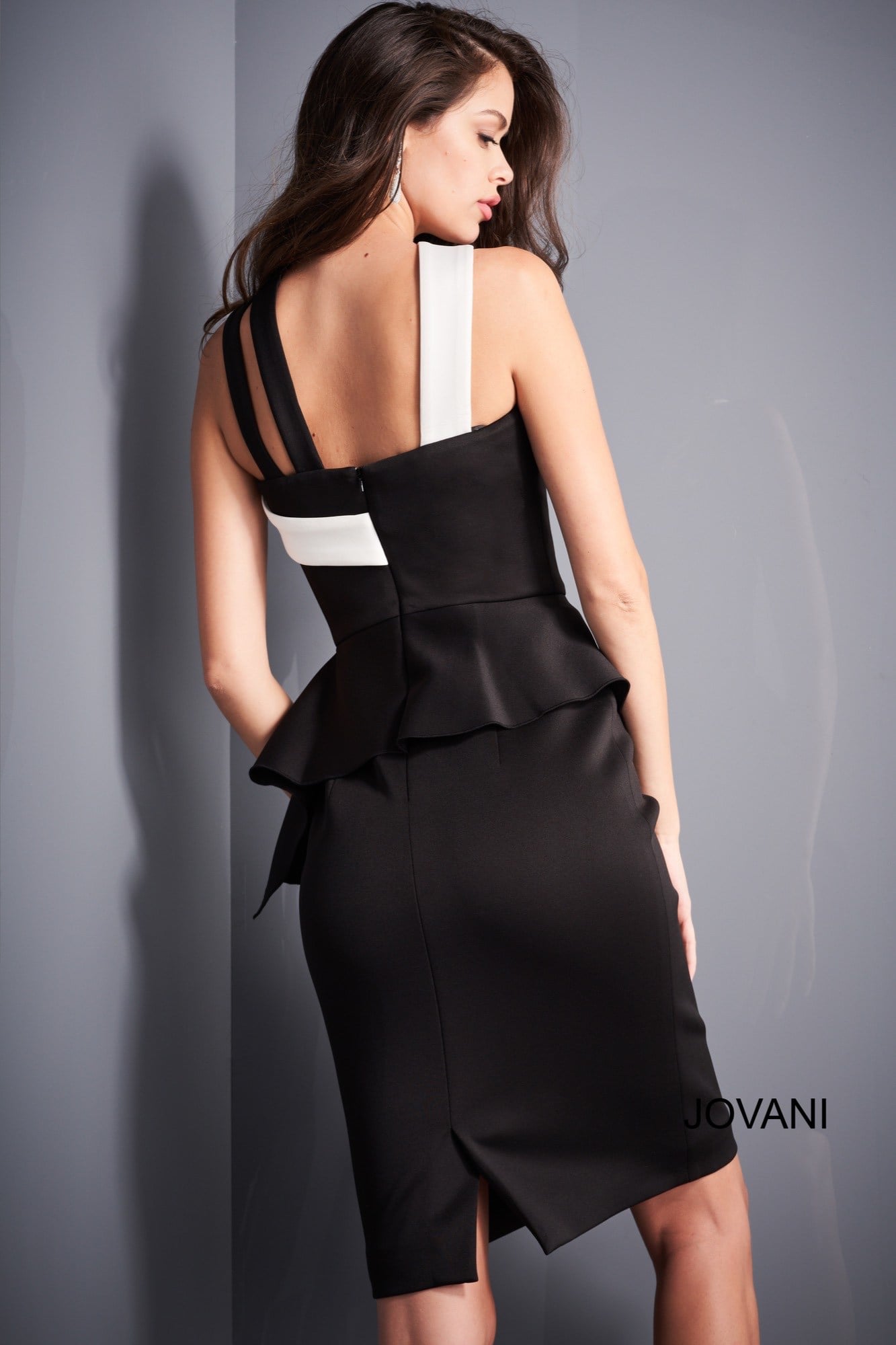 Black/White Tank Straps Knee-Length Crepe Cocktail Dress Peplum Gown Jovani 04409