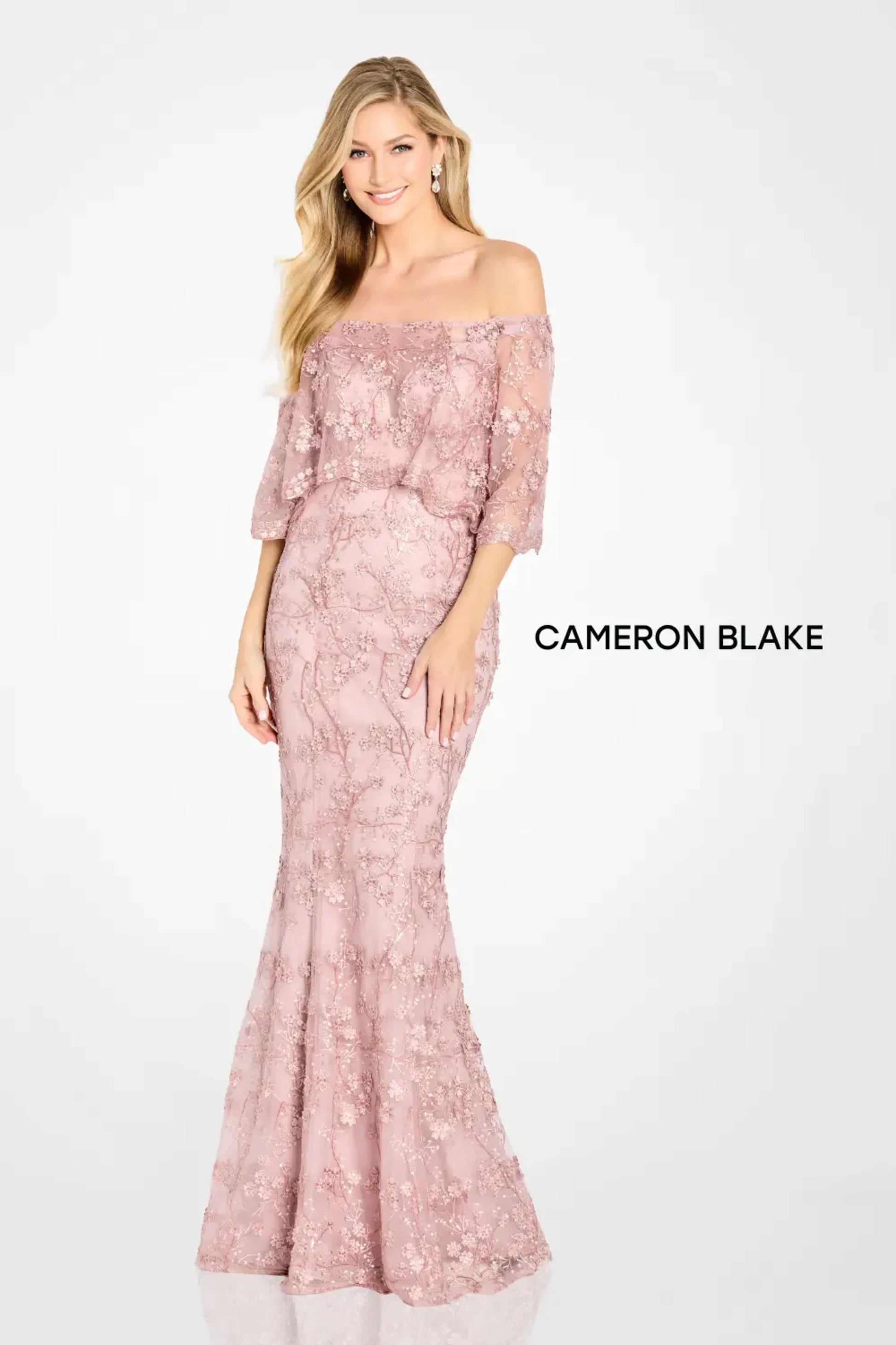 Cameron Blake CB135 Floral Long Lace Formal Evening Sequin Dress