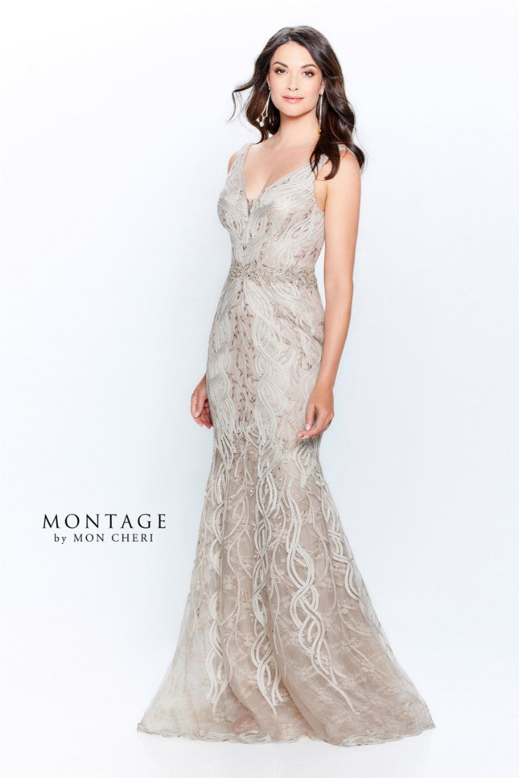 Montage 120921 Long Beaded Lace Metallic Evening Formal Dress