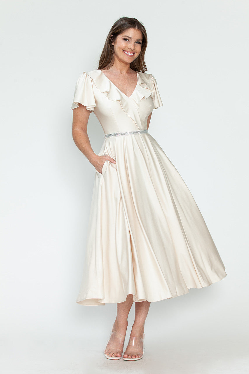 Cocktail Dresses Short Ruffle Pleated Midi Cocktail Dress Lenovia 5295 Champagne Gold
