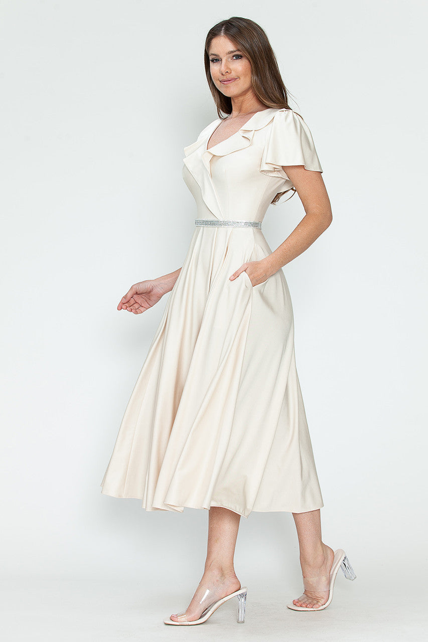 Cocktail Dresses Short Ruffle Pleated Midi Cocktail Dress Lenovia 5295 Champagne Gold