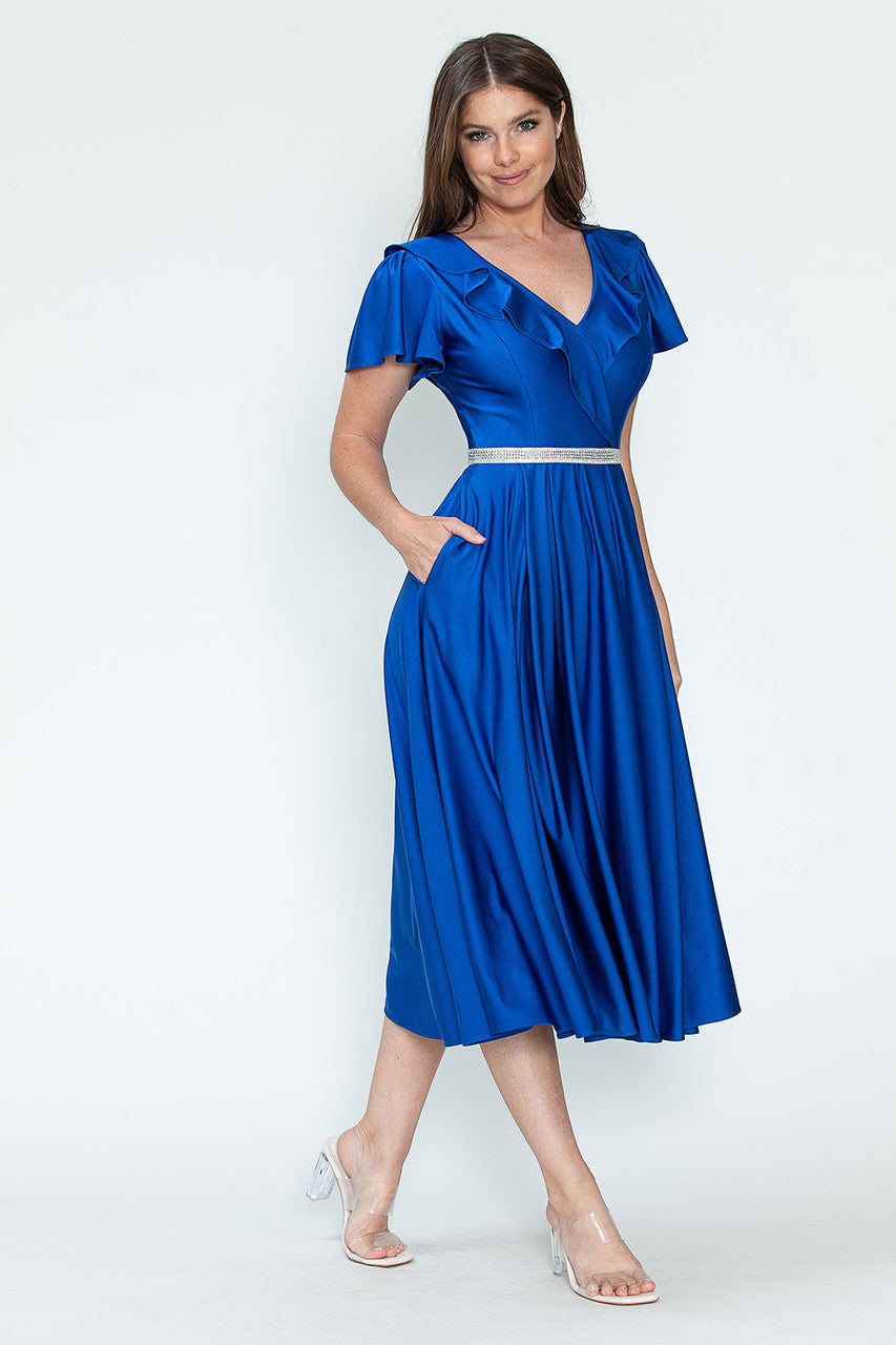 Cocktail Dresses Short Ruffle Pleated Midi Cocktail Dress Lenovia 5295 Royal Blue