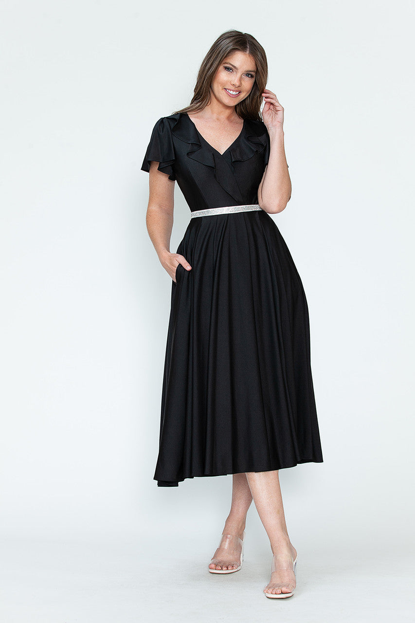 Cocktail Dresses Short Ruffle Pleated Midi Cocktail Dress Lenovia 5295 Black