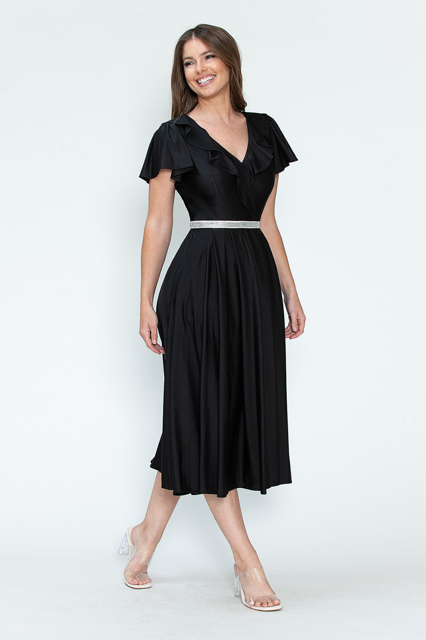 Cocktail Dresses Short Ruffle Pleated Midi Cocktail Dress Lenovia 5295 Black