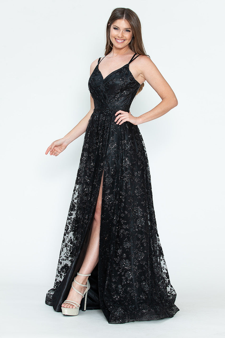 Prom Dresses Glitter Corset Long Formal Floral Prom Dress Lenovia 8235 Black