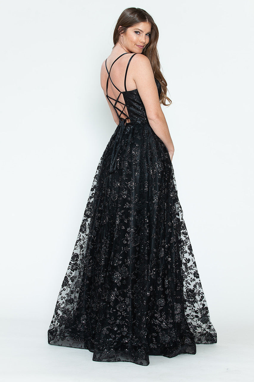 Prom Dresses Glitter Corset Long Formal Floral Prom Dress Lenovia 8235 Black