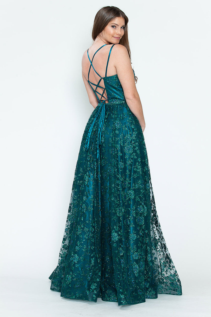 Prom Dresses Glitter Corset Long Formal Floral Prom Dress Lenovia 8235 Hunter Green