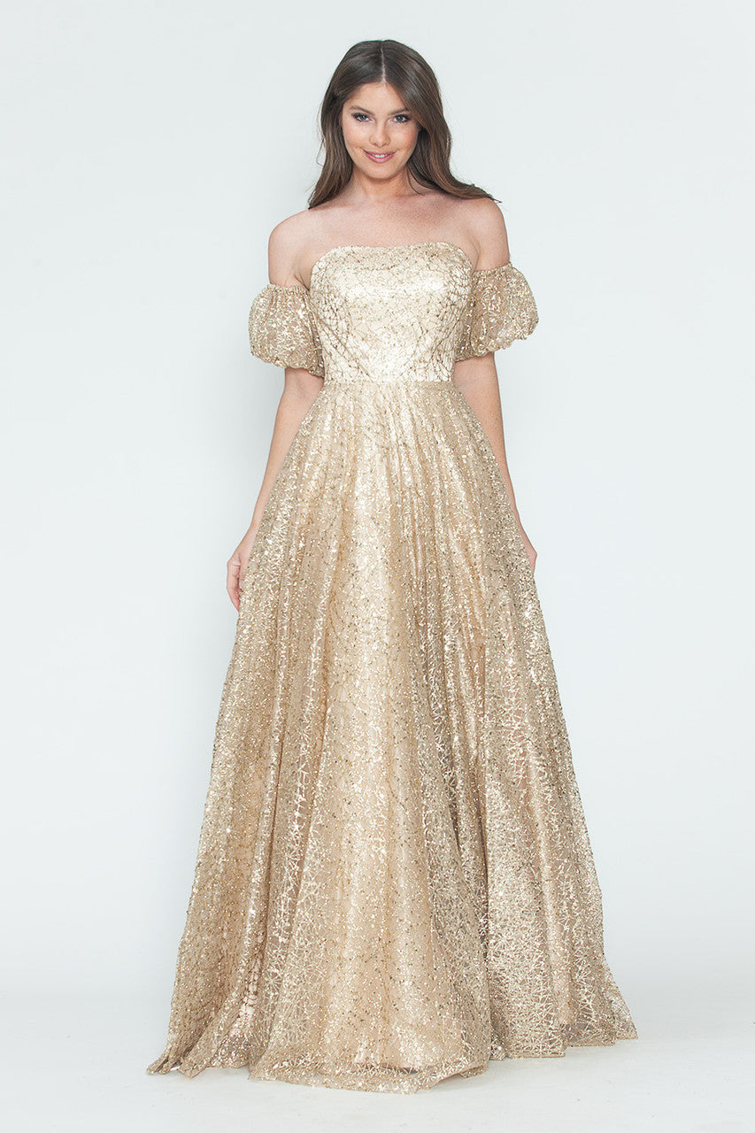 Formal Dresses Long Formal A Line Prom Glitter Dress Lenovia 8242 Champagne Gold