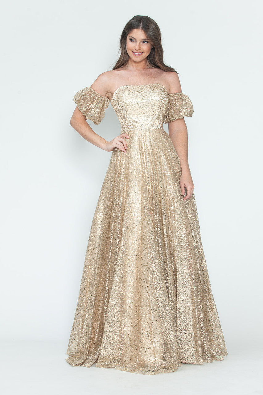 Formal Dresses Long Formal A Line Prom Glitter Dress Lenovia 8242 Champagne Gold