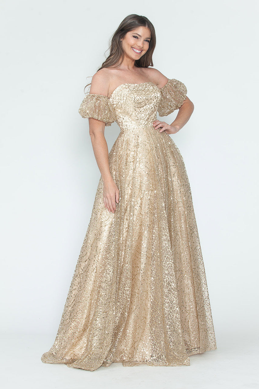 Formal Dresses Long Formal A Line Prom Glitter Dress Lenovia 8242 Champagne Gold