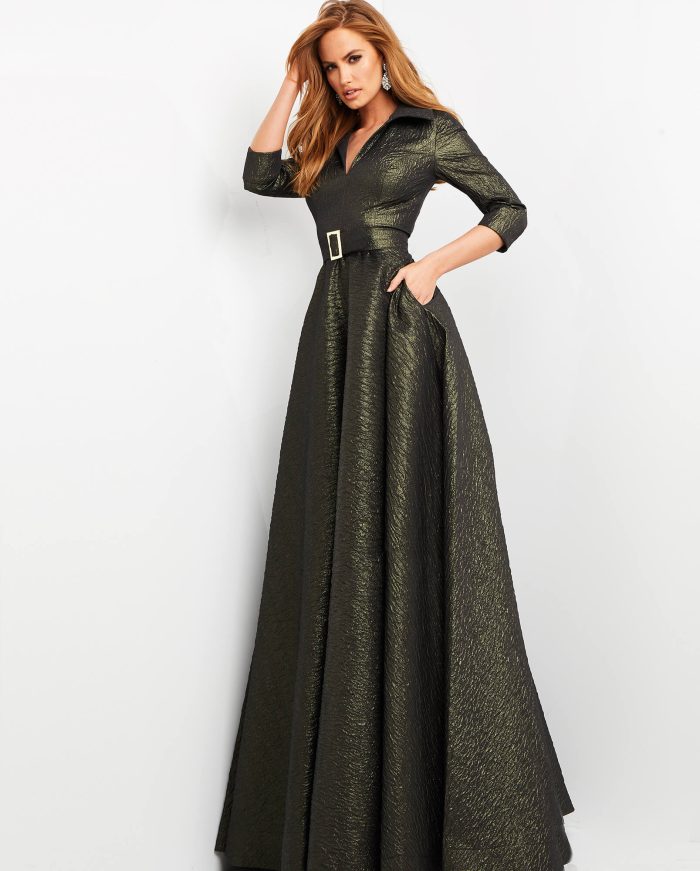 Jovani 05075 Long Pleated A Line Metalic Formal Prom Dress