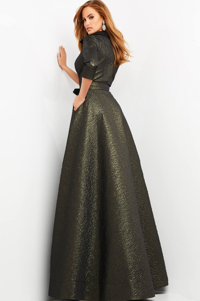 Jovani 05075 Long Pleated A Line Metalic Formal Prom Dress