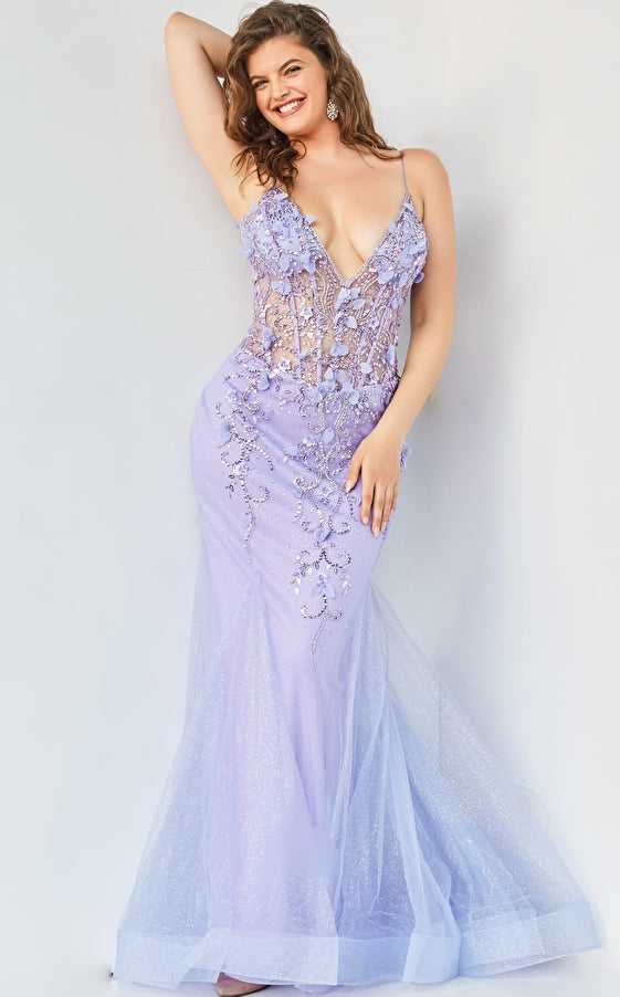 Jovani 05839 Floral Applique Long Formal 3D Beaded Prom Dress