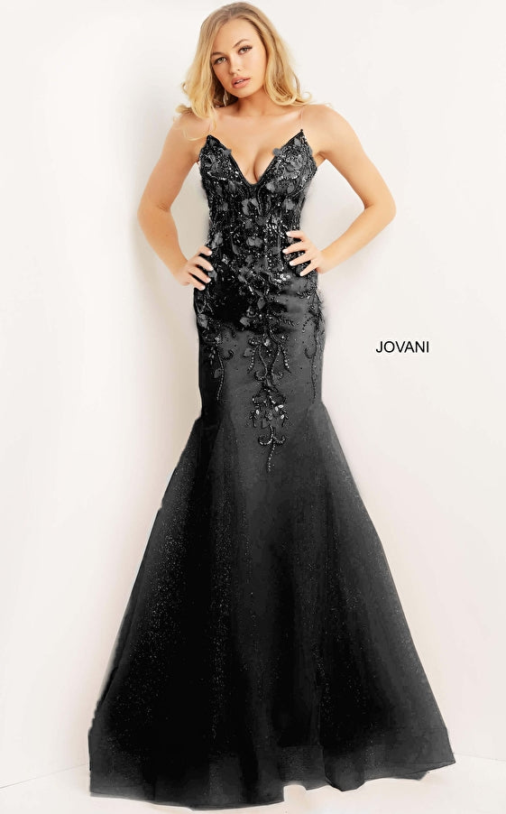 Jovani 05839 Floral Applique Long Formal 3D Beaded Prom Dress