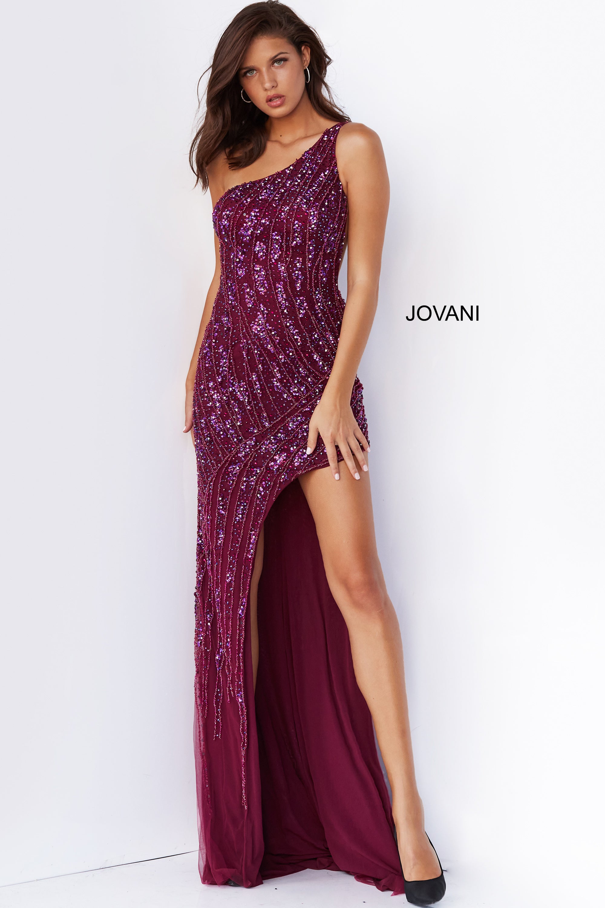 Plum Jovani 06346 One Shoulder Beaded Long Prom Dress for $1040.0 – The