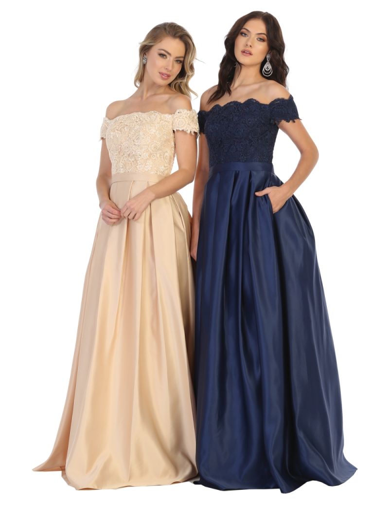 Navy Off-the-Shoulder Floor-Length Lace Satin Formal Dress Pockets May Queen MQ1762
