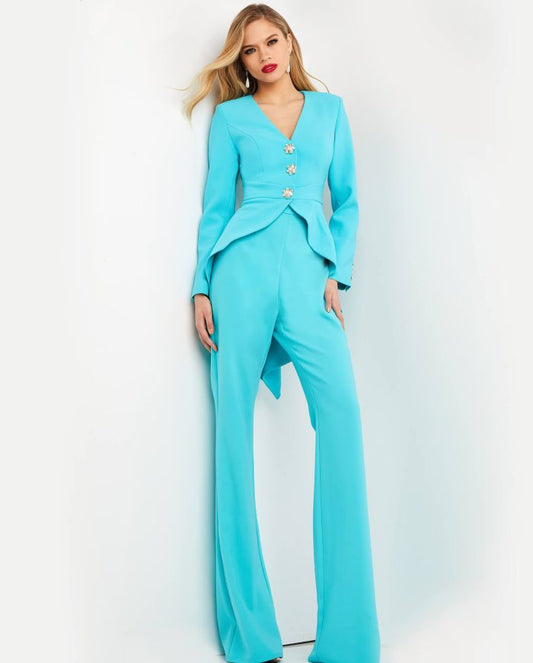 Pant Suit Long Two Piece Ruffle Evening Fromal Pant Suit Turquoise