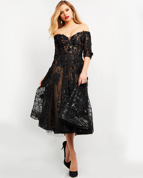 Jovani 06637 A Line Floral Sequin Formal Tea Length Prom Dress