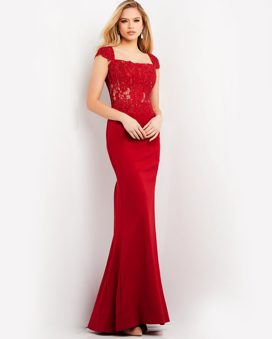 Prom Dresses Fitted Long Formal Prom Lace Evening Dress Cranberry