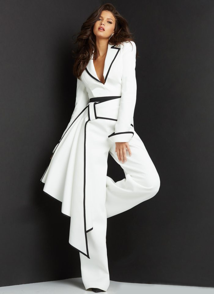 Jumpsuit Long Plunging Neck Formal Jumpsuit WHITE/BLACK