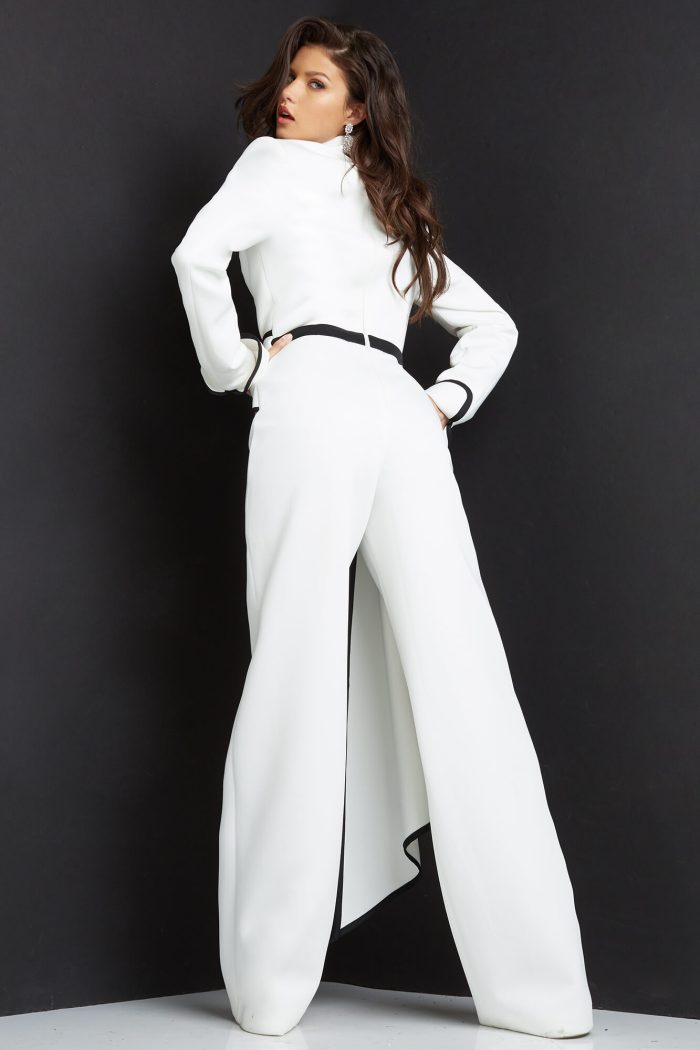 Jumpsuit Long Plunging Neck Formal Jumpsuit WHITE/BLACK