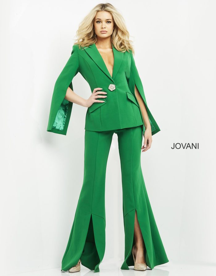 Pant Suit Long High Slit Single Breasted Formal Pant Suit Emerald