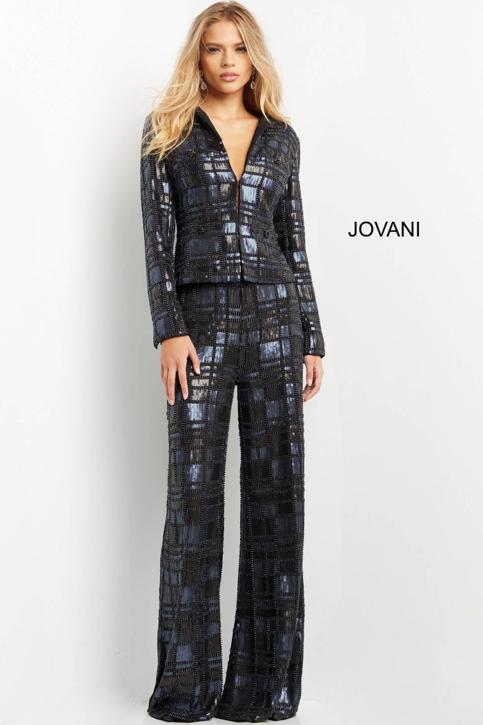 Pant Suit Long Beaded Formal Sequin Fit Pant Suit  Navy Black