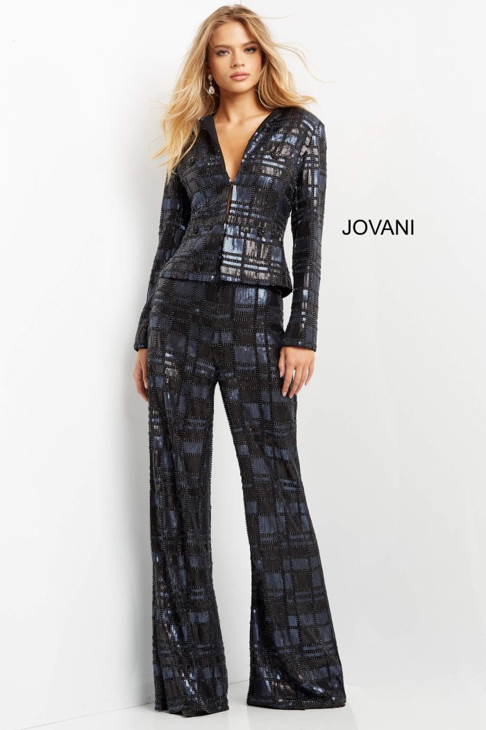 Pant Suit Long Beaded Formal Sequin Fit Pant Suit  Navy Black