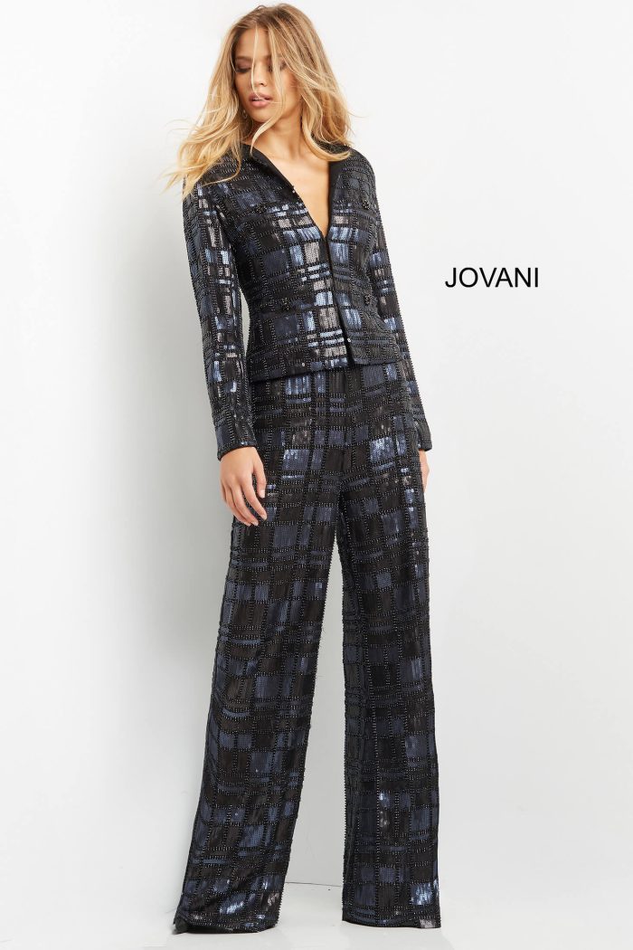 Pant Suit Long Beaded Formal Sequin Fit Pant Suit  Navy Black