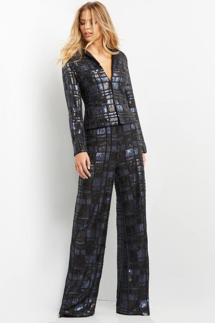 Pant Suit Sequin Long Formal Pant Suit NavyBlack