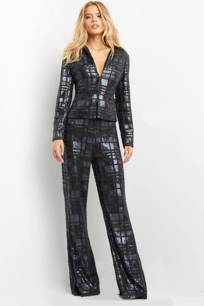 Pant Suit Sequin Long Formal Pant Suit NavyBlack
