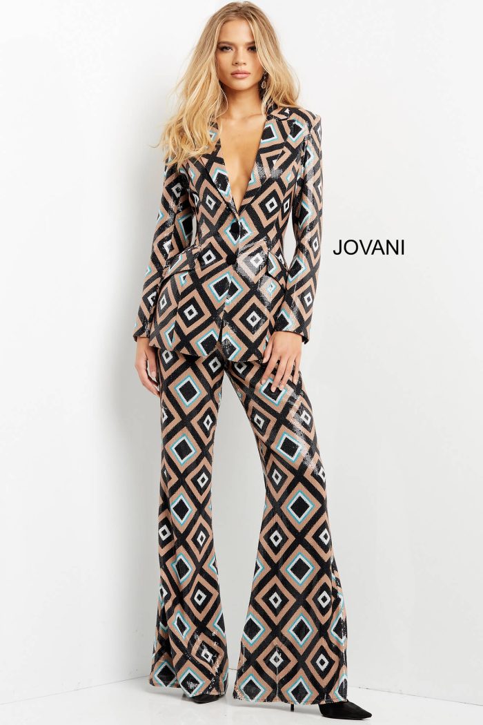 Jovani 07921 Printed Sequin Long Formal Pant Suit